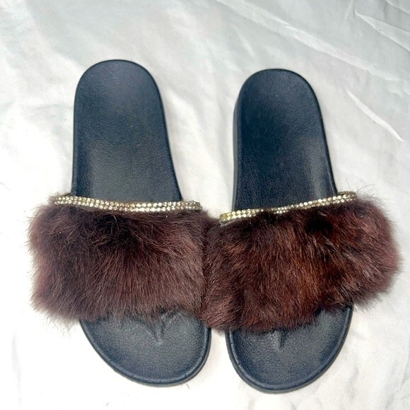 Shoes - Brown faux fur rhinestone slides size large fits 9/10 Fabulous!